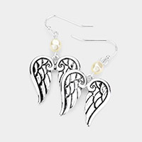 Pearl Accented Antique Metal Wing Dangle Earrings
