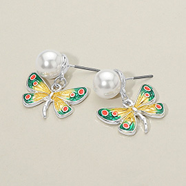 Pearl Enamel Dragonfly Dangle Earrings