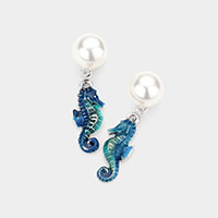 Pearl Enamel Seahorse Dangle Earrings