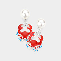 Pearl Enamel Crab Dangle Earrings