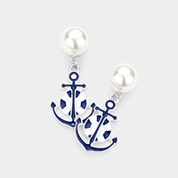Pearl Enamel Anchor Dangle Earrings