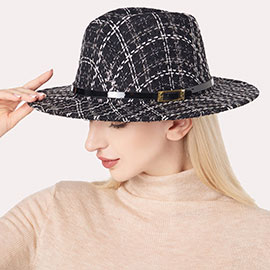 Belt Band Accented Check Patterned Fedora Hat