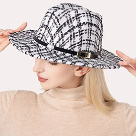 Belt Band Accented Check Patterned Fedora Hat