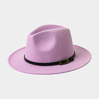 Belt Band Accented Leopard Print Inside Solid Fedora Hat