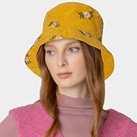 Embroidered Floral Corduroy Bucket Hat