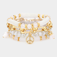 4PCS - Peace Pearl Charm Metal Link Glass Beads Stretch Multi Layered Bracelets