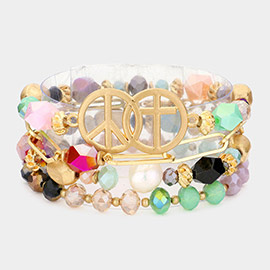4PCS - Peace Sign Cross Accented Faceted Beaded Bracelets