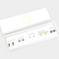 5Pairs - Rhinestone Embellished Horn Celluloid Acetate Round Bead Bow Earrings
