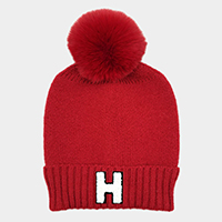 -H- Monogram Faux Fur Pom Pom Knit Beanie Hat