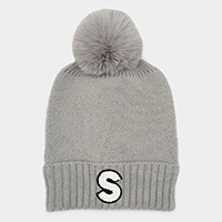 -S- Monogram Faux Fur Pom Pom Knit Beanie Hat