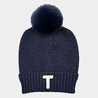 -T- Monogram Faux Fur Pom Pom Knit Beanie Hat