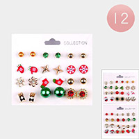 12 Set of 12 - Christmas Gloves Socks Snowflake Flower Stone Ball Stud Earrings