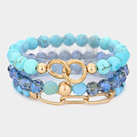 3PCS - Semi Precious Stone Faceted Beaded Stretch Bracelets