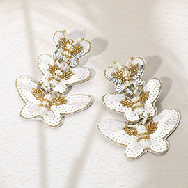 Felt Back Sequin Triple Butterfly Link Dangle Earrings