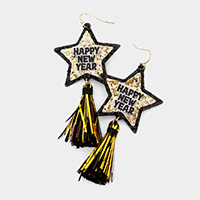 HAPPY NEW YEAR Glittered Star Tassel Link Dangle Earrings