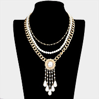 Triple Layered Metal Chain Pearl Necklace