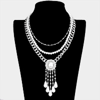 Triple Layered Metal Chain Pearl Necklace