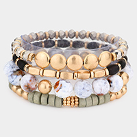 4PCS - Semi Precious Stone Wood Beaded Stretch Bracelets