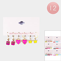 12 Set of 3 - Enamel Perfume Heart Crown Dangle Lever Back Earrings