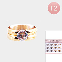12 Set of 2 - Round Stone Accented Stainless Steel Rings