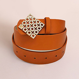 Rhinestone Embellished Square Cluster Buckle Faux Leather Belt