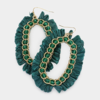 Raffia Trimmed Faceted Bead Embellished Open Oval Dangle Earrings
