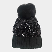 Sequin Pom Pom Knit Beanie Hat