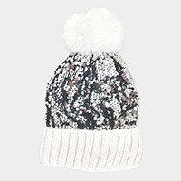 Sequin Pom Pom Knit Beanie Hat