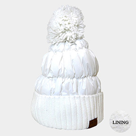 Fleece Lining  Puffer Knit Pom Pom Beanie Hat