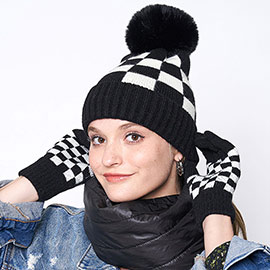 Checkerboard Patterned Pom Pom Beanie Hat
