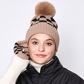Checkerboard Patterned Pom Pom Beanie Hat