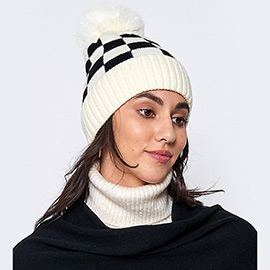 Checkerboard Patterned Pom Pom Beanie Hat