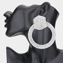 Rhinestone Pave Hexagon Open Circle Evening Earrings