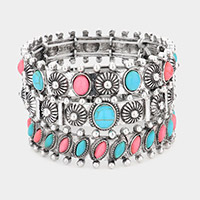 3PCS - Natural Stone Accented Antique Metal Stretch Bracelets