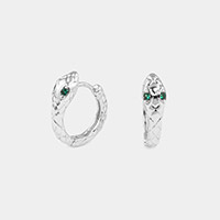 White Gold Dipped CZ Embellished Snake Huggie Hoop Earrings