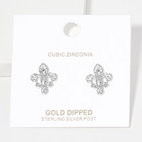 White Gold Dipped CZ Embellished Metal Fleur de Lis Stud Earrings