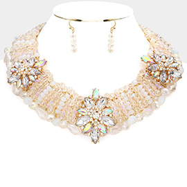 Stone Embellished Triple Flower Accented Faceted Beaded Collar Necklace