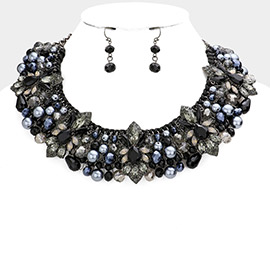 Floral Stone Pearl Embellished Collar Necklace