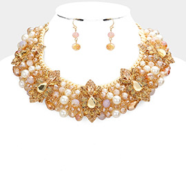 Floral Stone Pearl Embellished Collar Necklace