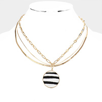 Zebra Patterned Round Pendant Triple Layered Necklace