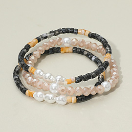 3PCS - Pearl Accented Faceted Beaded Stretch Bracelets