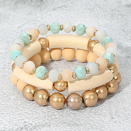 3PCS - Wood Faceted Beaded Stretch Bracelets