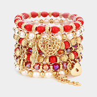 7PCS - Multi Beaded Dangle Pendant Stretch Layered Bracelets