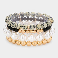 4PCS - Semi Precious Pearl Wood Beaded Stretch Bracelets