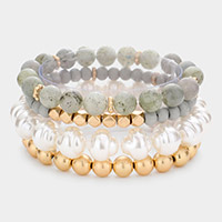 4PCS - Semi Precious Pearl Wood Beaded Stretch Bracelets