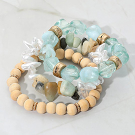 3PCS - Natural Stone Pearl Wood Beaded Stretch Bracelets