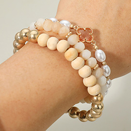 3PCS - Quatrefoil Pointed Pearl Wood Faceted Beaded Stretch Bracelets