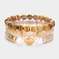 3PCS - Semi Precious Stone Pearl Resin Beaded Stretch Bracelets