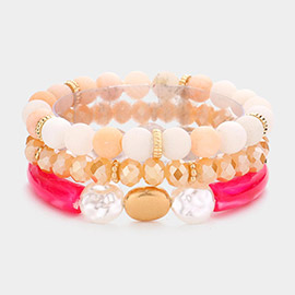 3PCS - Semi Precious Stone Pearl Resin Beaded Stretch Bracelets