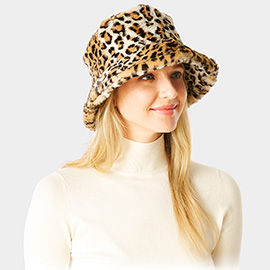 Leopard Patterned Soft Faux Fur Bucket Hat